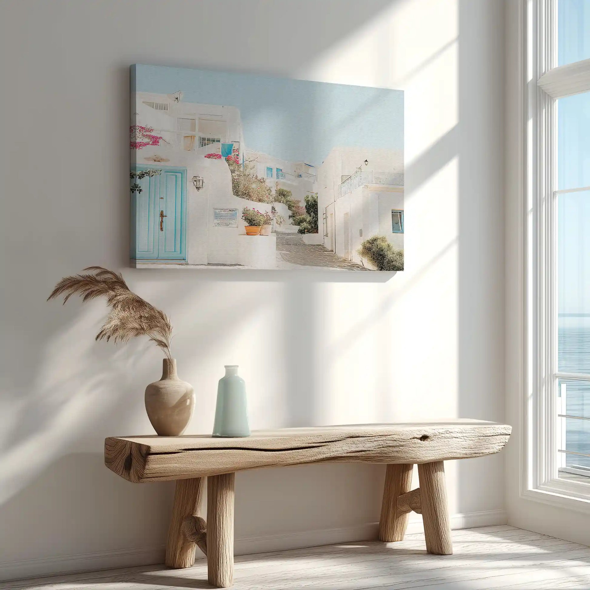 Neutral pastel coastal canvas art enhancing serene bedroom wall design