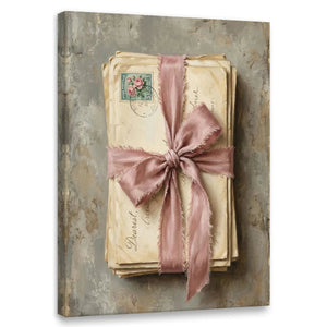 Vintage canvas wall art featuring a stack of aged letters tied with a pink ribbon, with a green floral postage stamp and the word 'Dearest'.