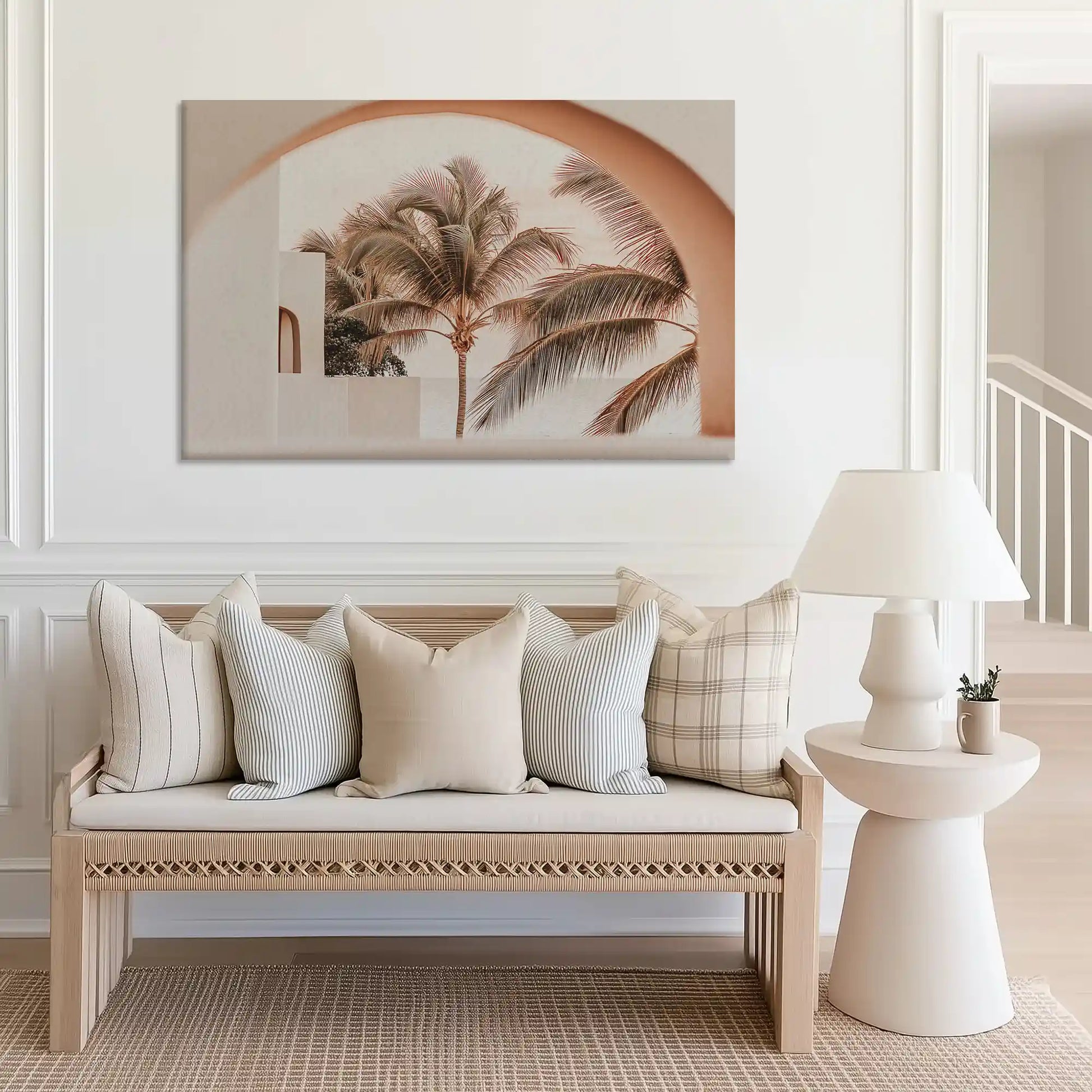 Large tropical archway canvas print perfect for above sofa placement in airy spaces