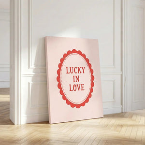 Vertical canvas art with centered red 'LUCKY IN LOVE' message in a bold retro frame, suited to bedroom walls