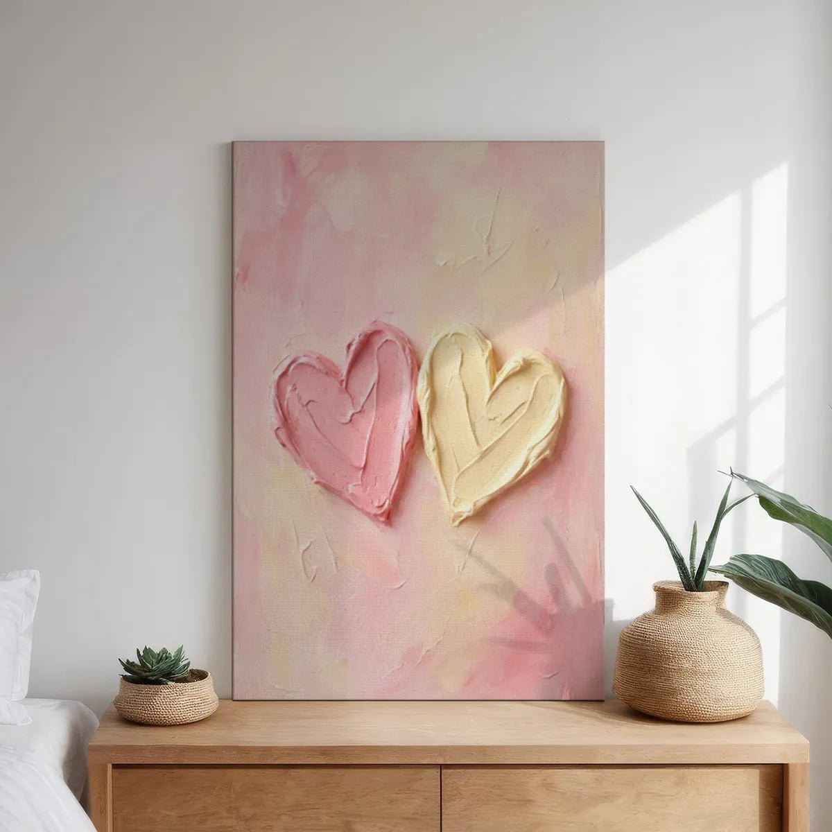 Gallery wrapped canvas with abstract heart motifs in warm pastel tones, ideal for romantic-themed bedroom decor.