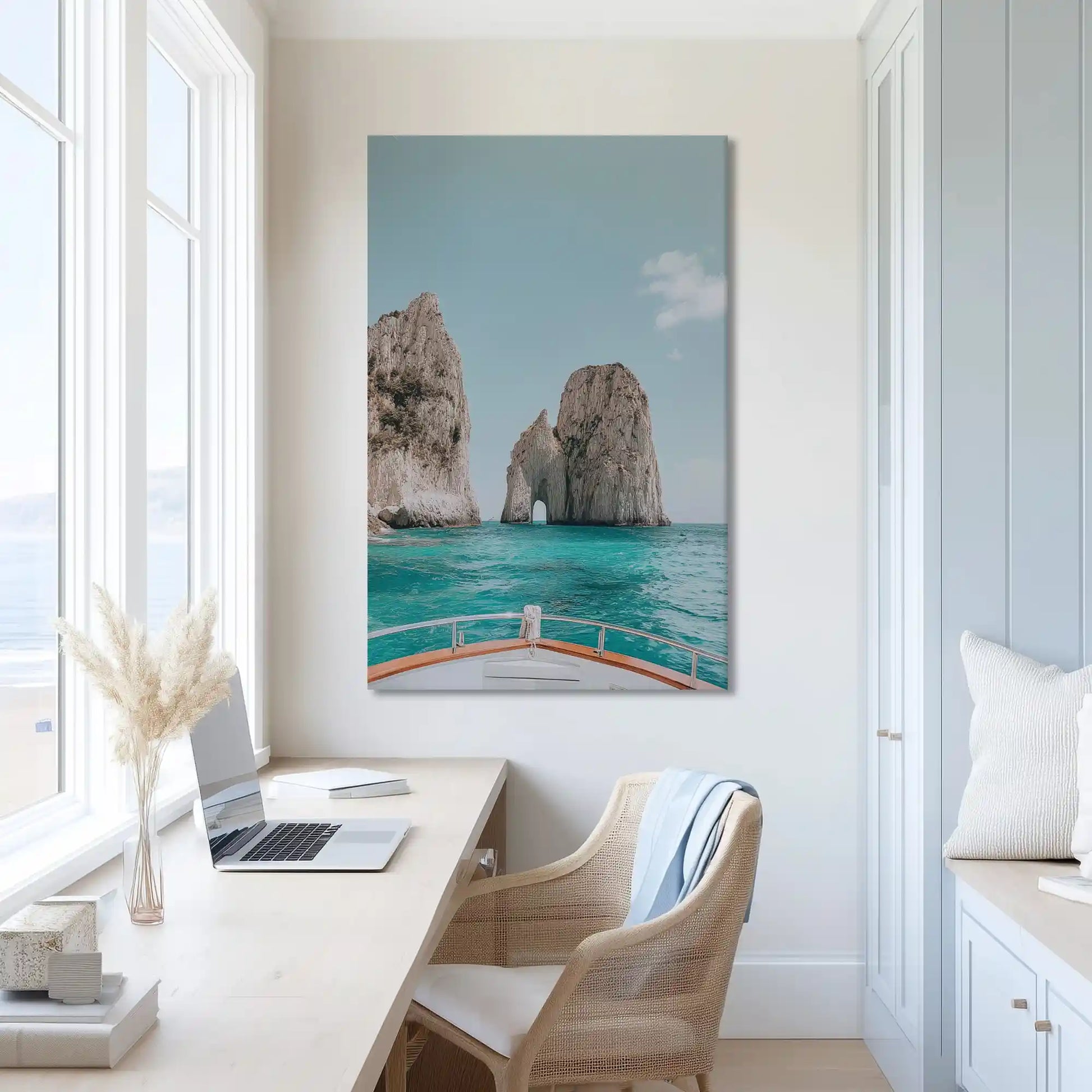 Muted Mediterranean seascape canvas print adding depth to modern spaces