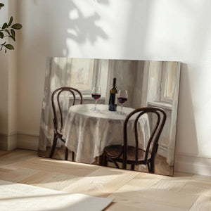 Vintage-style canvas wall art showing a cozy table for two with red wine and soft window light in a serene dining setting