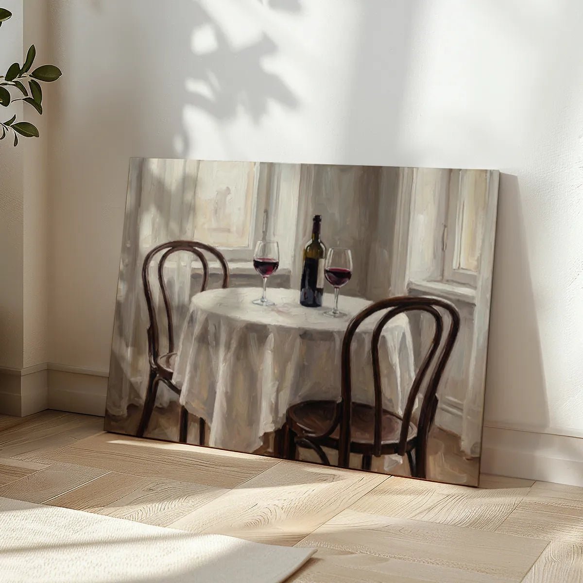 Vintage-style canvas wall art showing a cozy table for two with red wine and soft window light in a serene dining setting