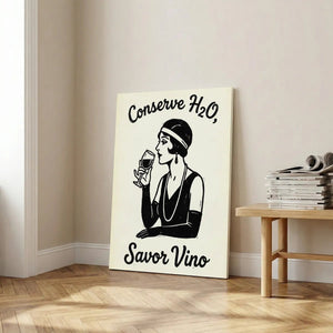 Modern canvas art in Art Deco style showing a bold female figure with wine-themed messaging, suited to retro-themed spaces