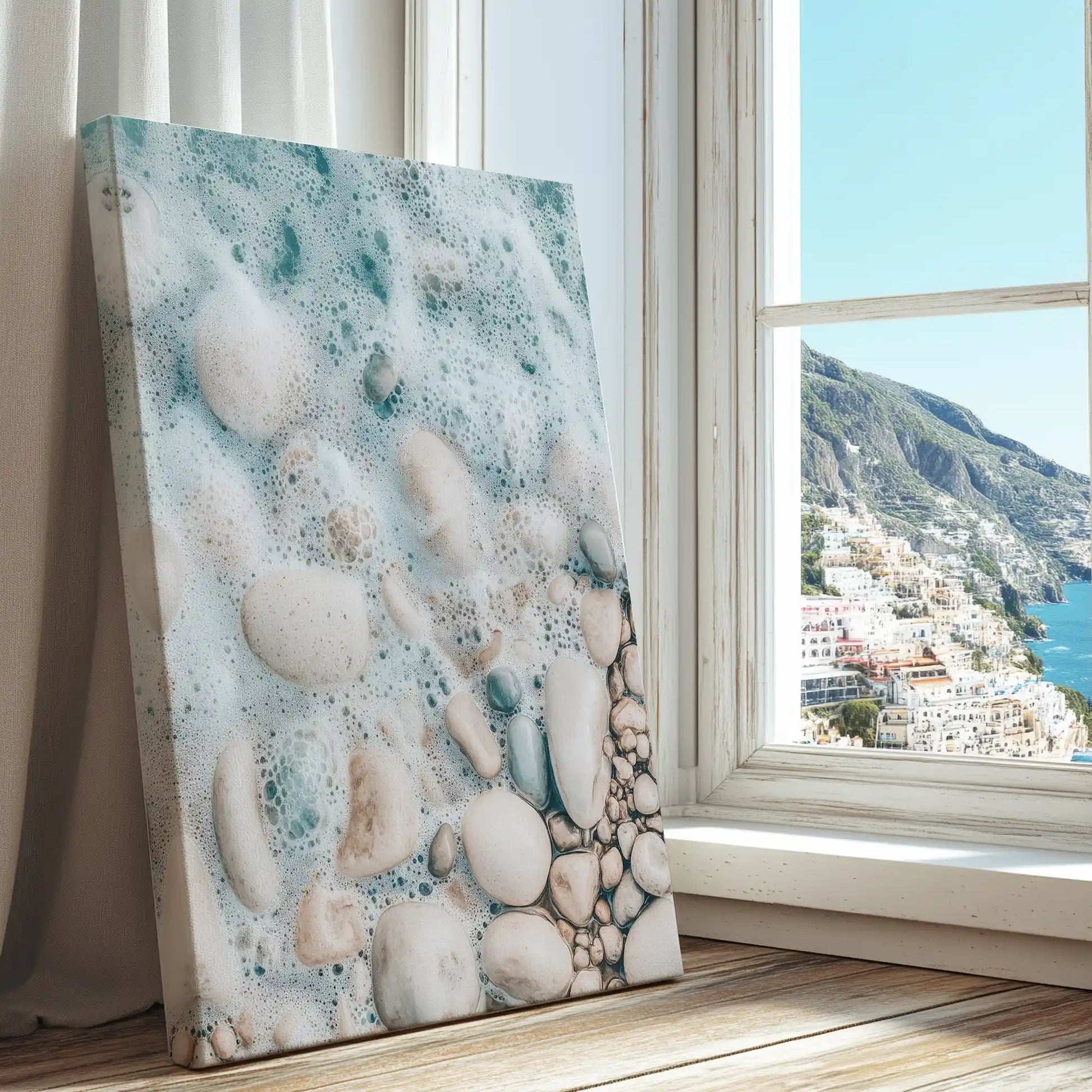 Ocean foam washing over rocks captured in a coastal canvas print with minimalist style
