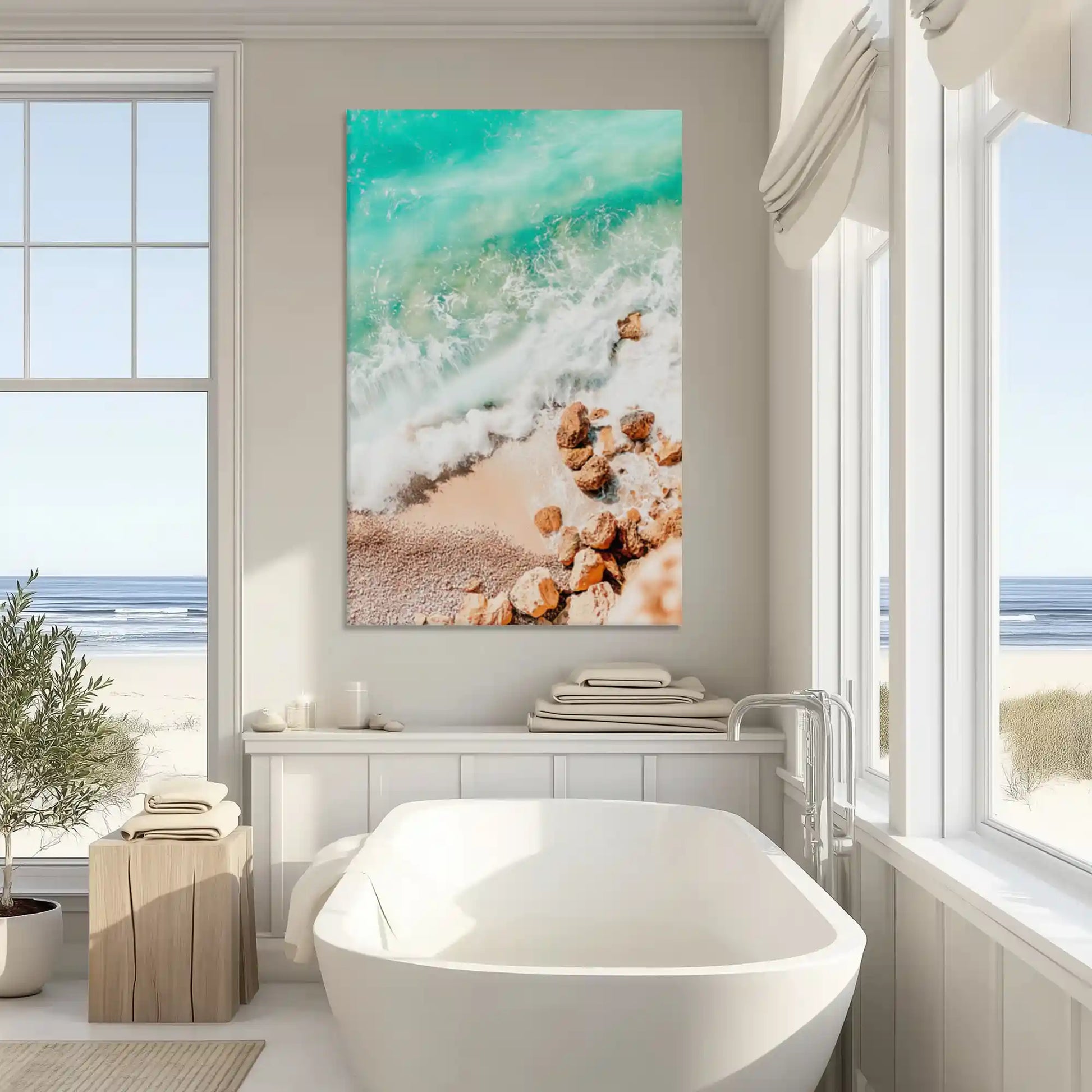 Extra large sunrise seascape canvas wall art showcasing warm pastel tones for airy interiors