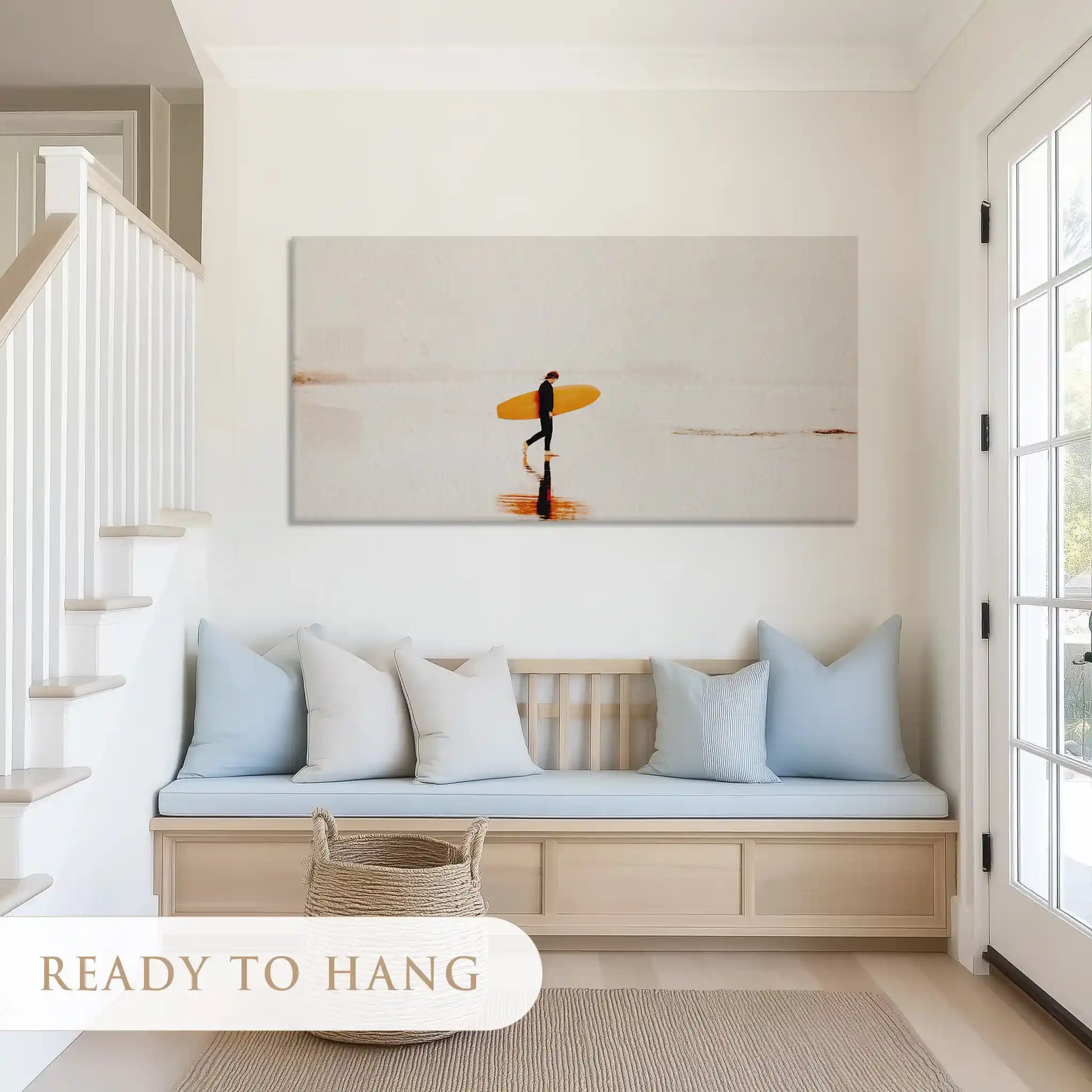 Textured surfer on beach canvas art complementing light modern interiors