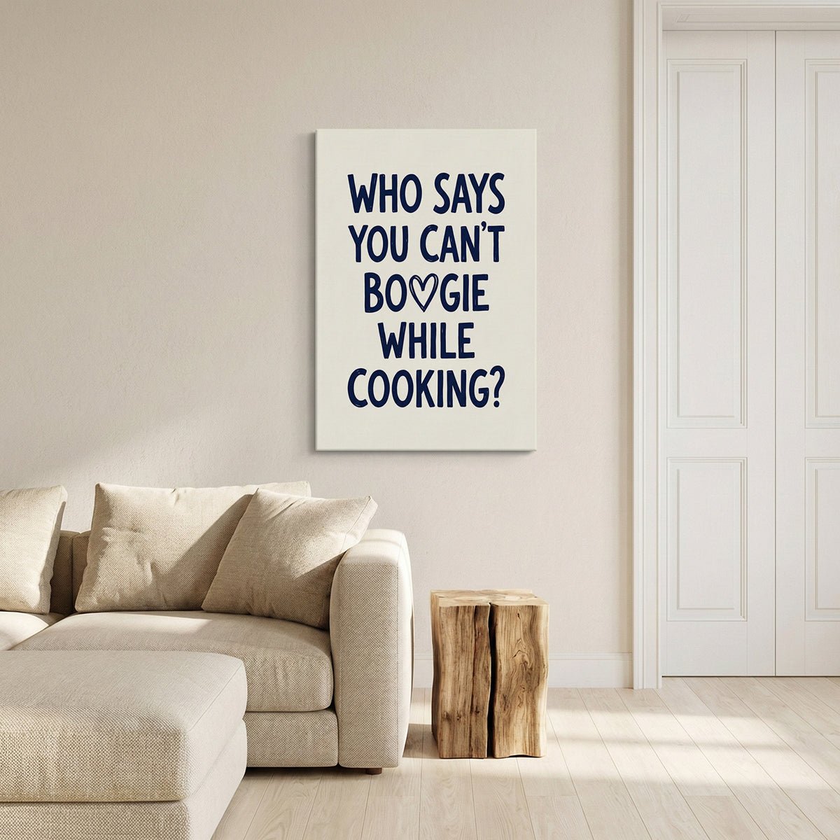 Minimalist canvas print showcasing a fun kitchen quote with bold lettering and a stylized heart in a high-contrast color scheme.