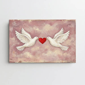 Illustrative canvas artwork of two white doves holding a red heart in their beaks, framed by a soft, vintage-inspired sky.