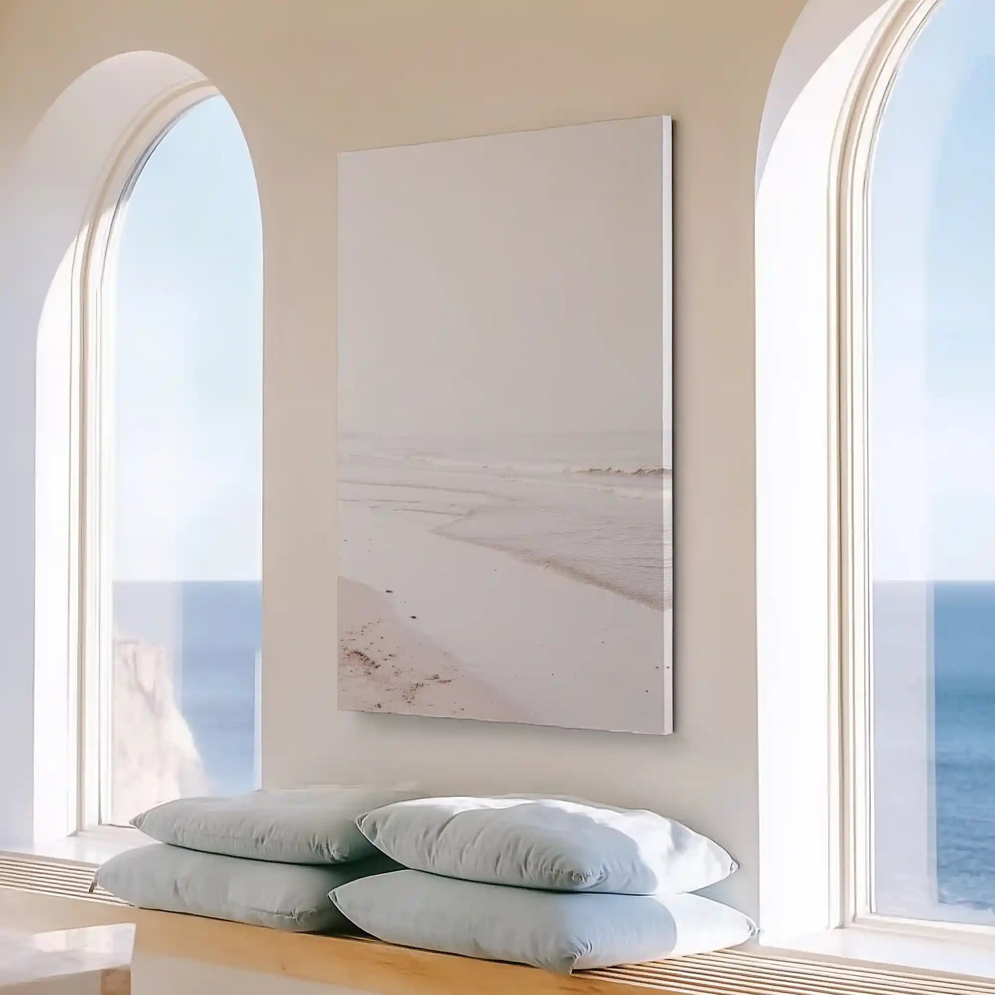 Large vertical beach horizon painting perfect for enhancing bright contemporary living rooms