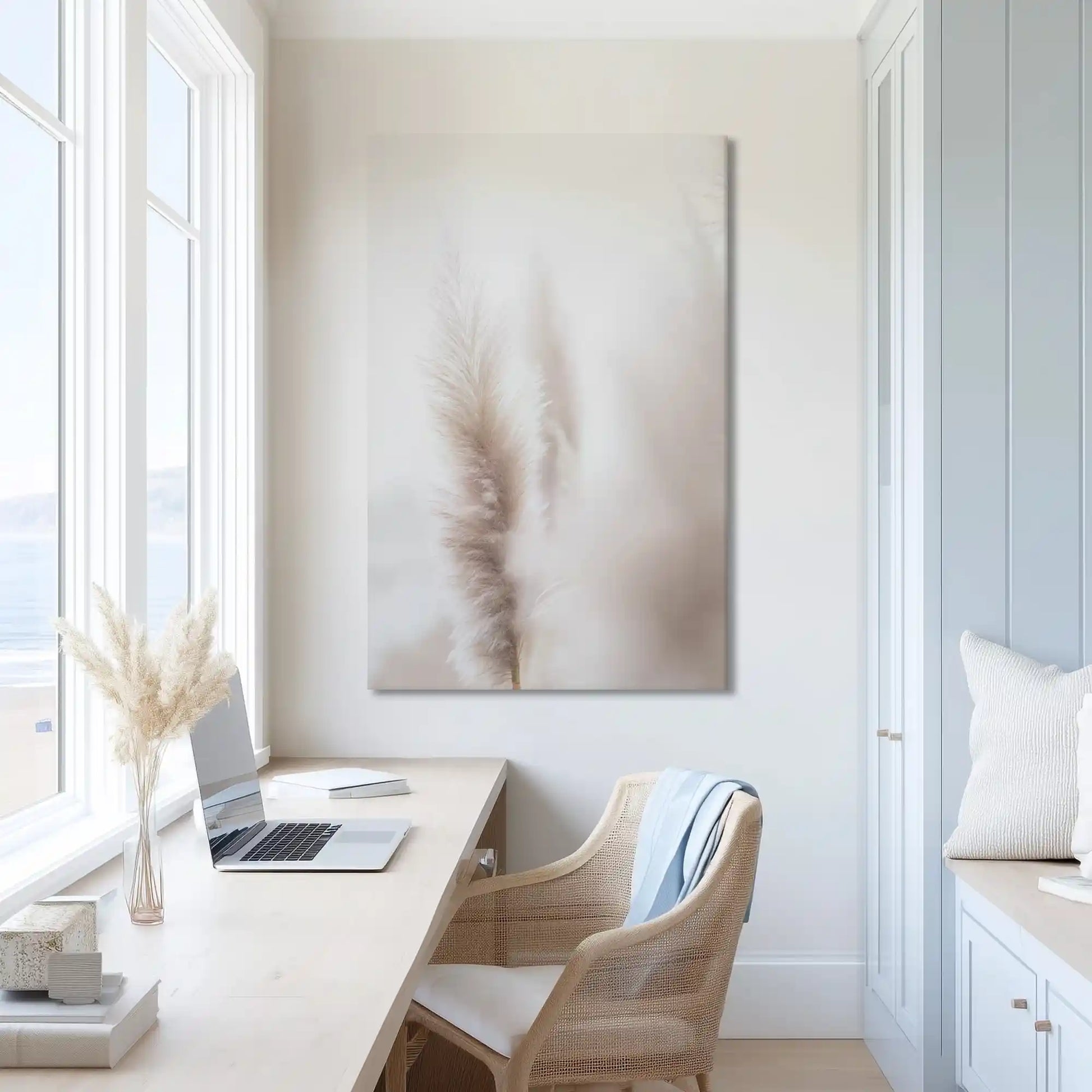 Extra large pampas grass canvas wall art showcasing subtle textures for bright interiors