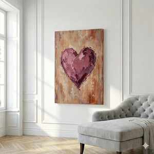 Rustic canvas wall decor with a thickly painted heart in muted pink and purple hues on a tan and brown abstract surface