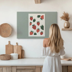 Horizontal canvas wall art with flat digital illustrations of strawberries framed by solid muted green side panels