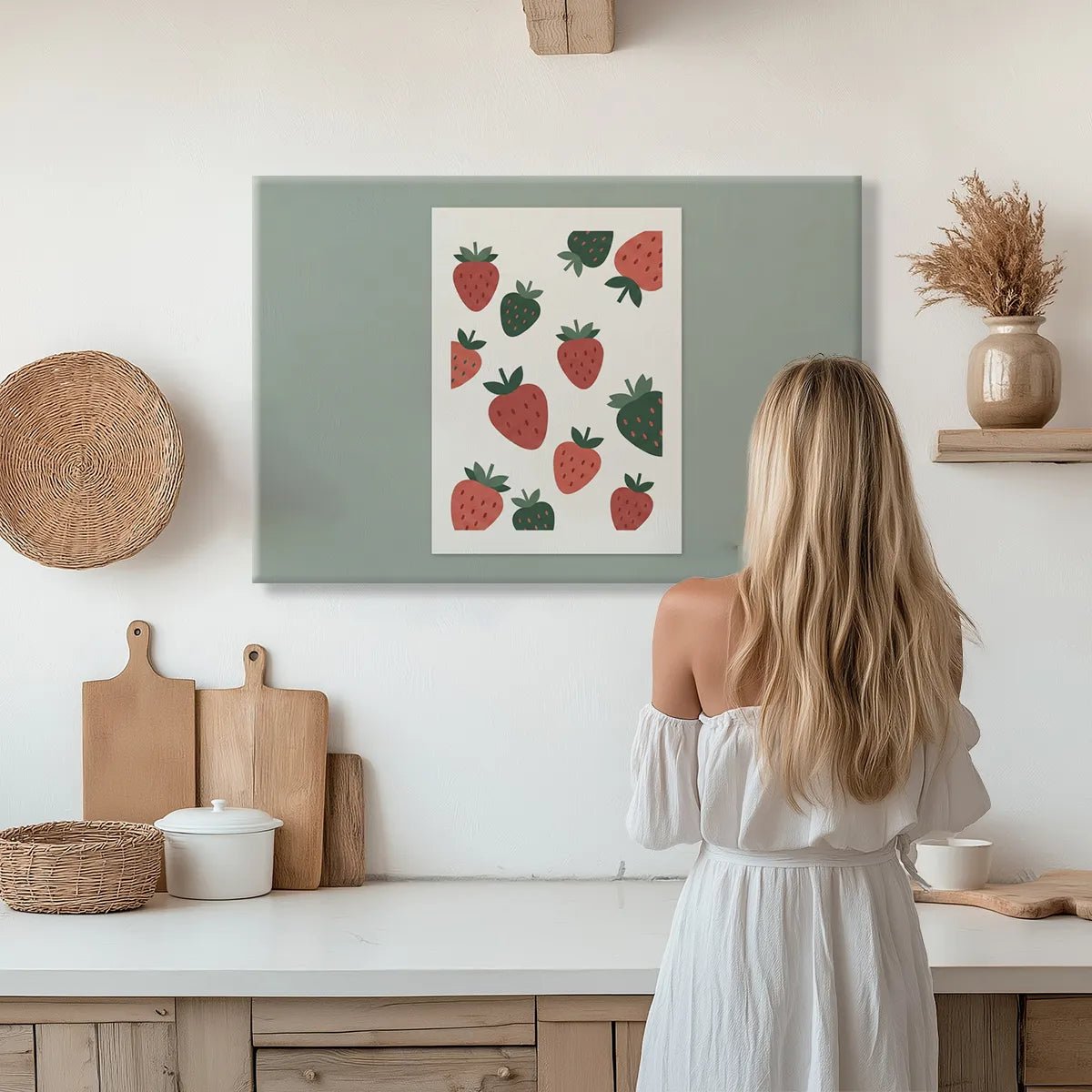 Horizontal canvas wall art with flat digital illustrations of strawberries framed by solid muted green side panels