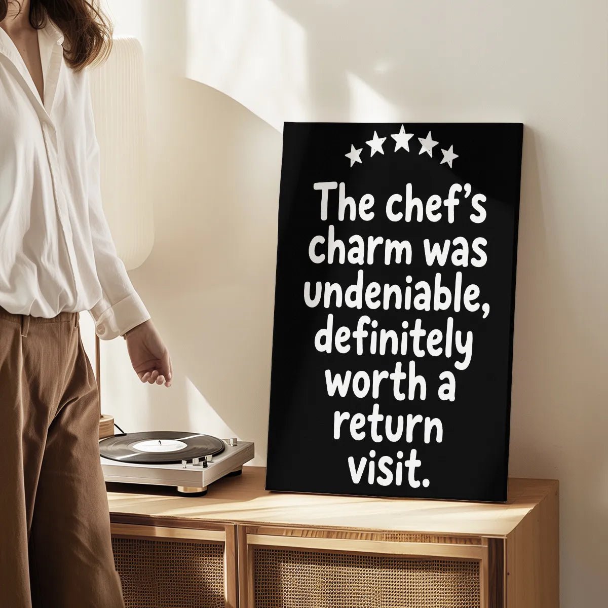 Canvas wall art print with a bold black background and white quote, styled for food lovers and restaurant-themed interiors.