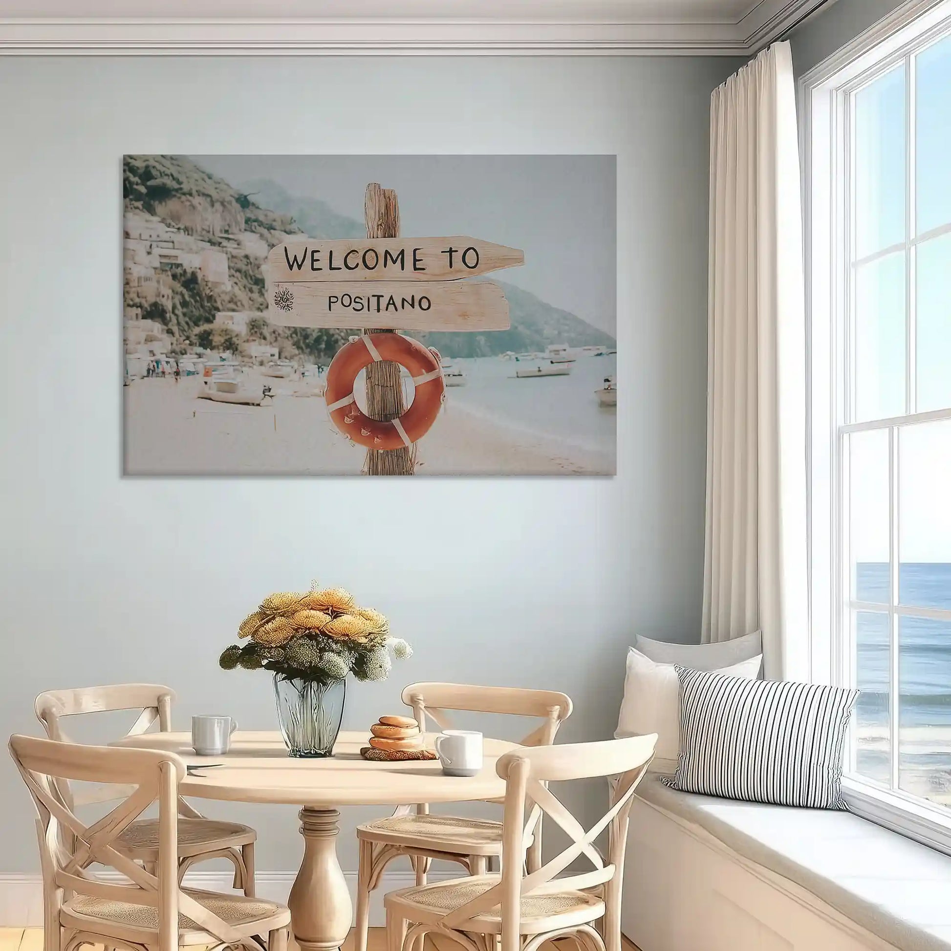 Contemporary coastal canvas print featuring lifebuoy sign and Italian seaside charm