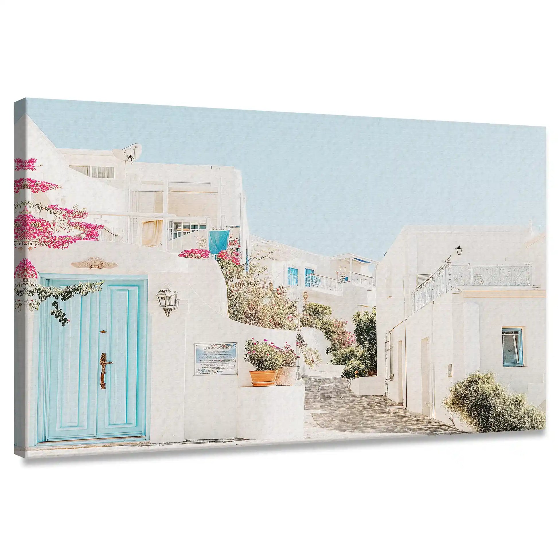 Mediterranean village canvas wall art with blue doors for living room décor
