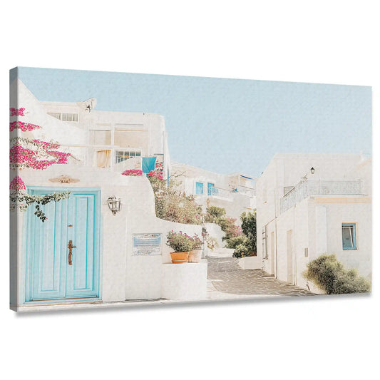 Mediterranean village canvas wall art with blue doors for living room décor