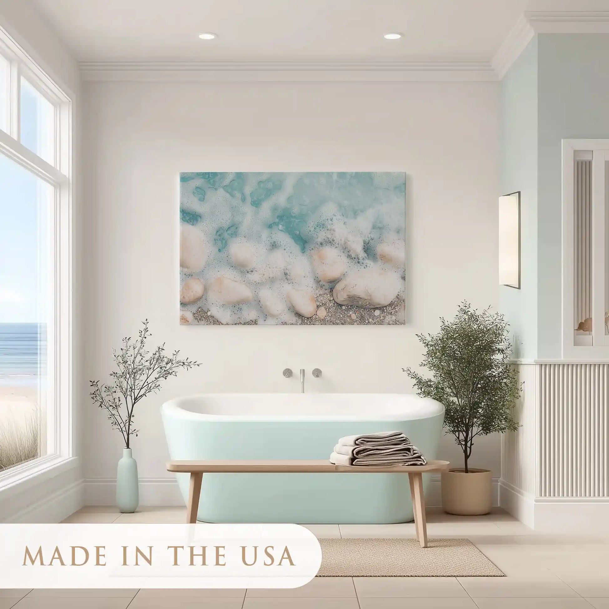 Vibrant rocky shore painting adding refreshing coastal charm to interiors