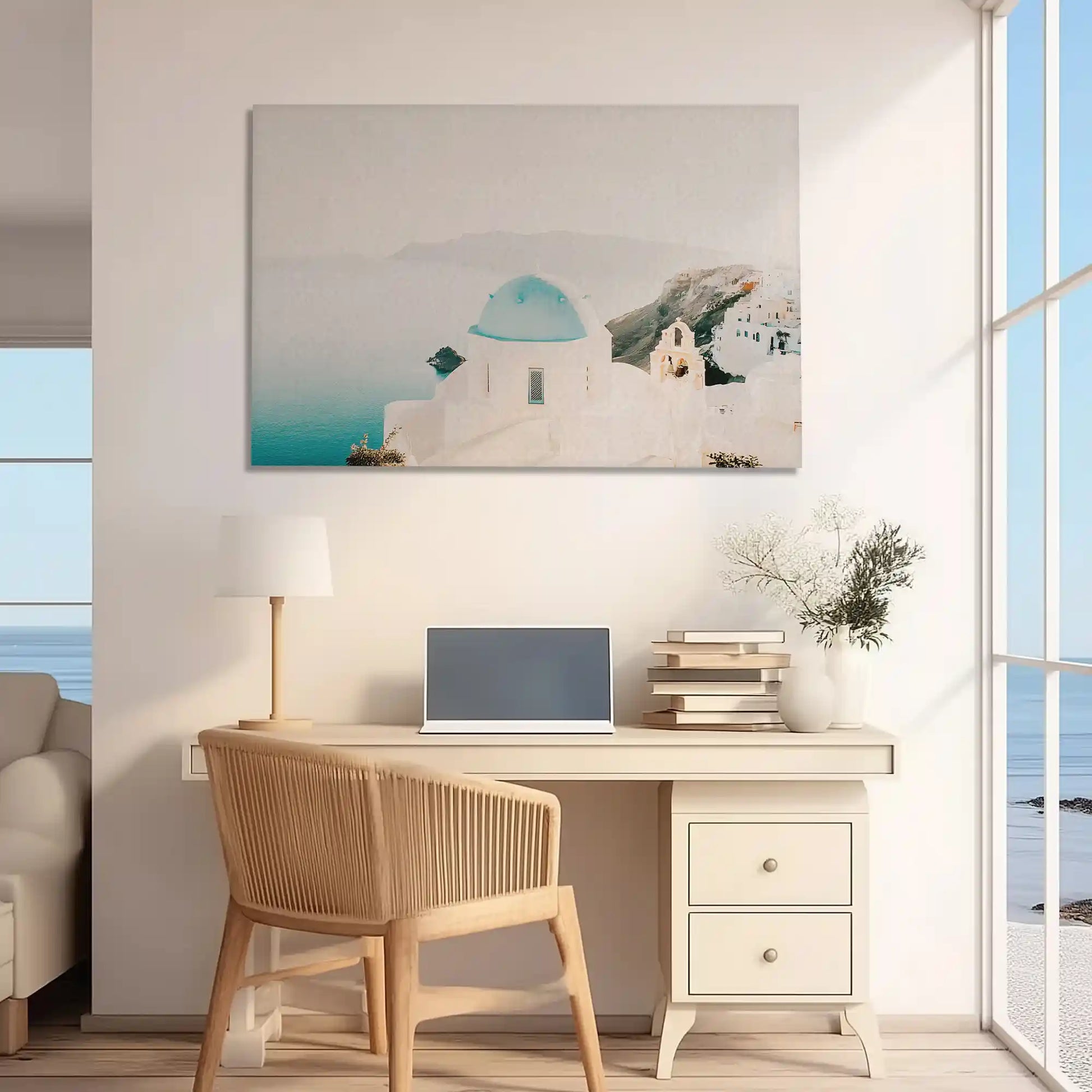 Peaceful Aegean village wall decor with turquoise dome enhancing beach home vibe