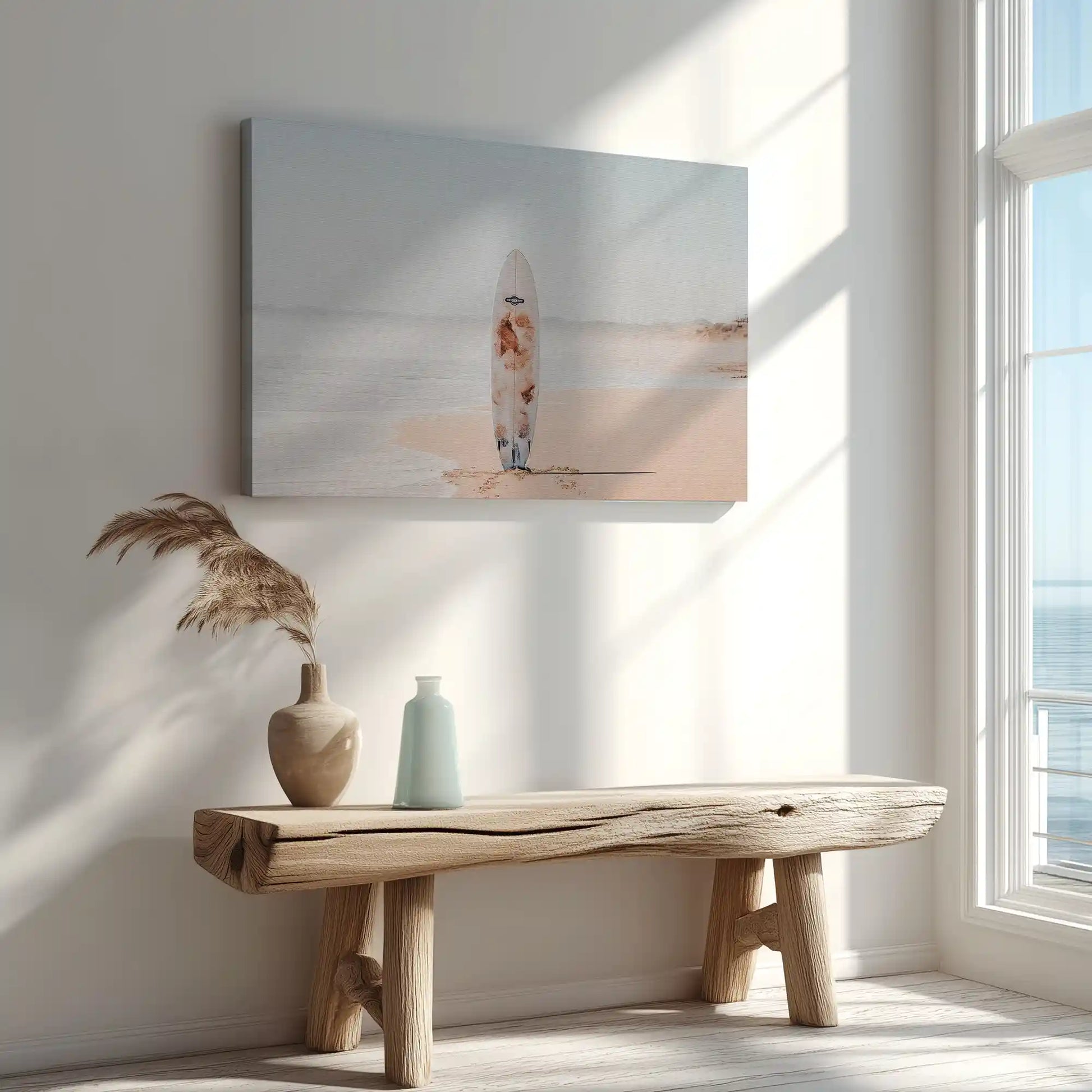 Female surfer holding board captured in canvas print with natural beach style