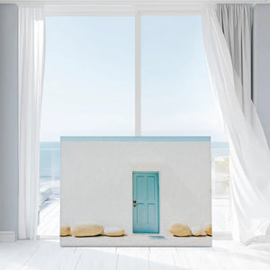 Minimalist coastal wall decor canvas with aqua blue doorway and textured white background
