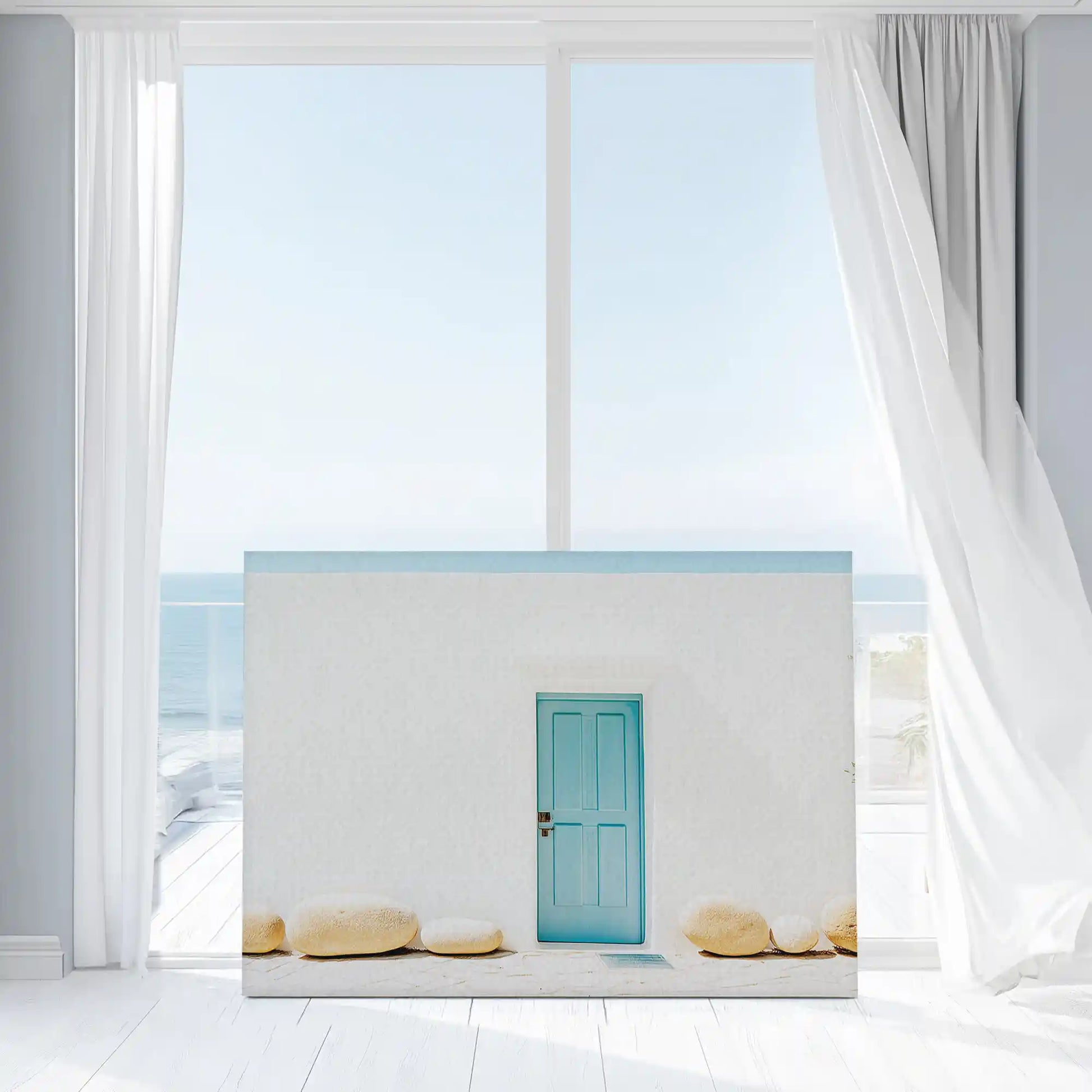Minimalist coastal wall decor canvas with aqua blue doorway and textured white background