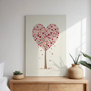 Gallery wrapped canvas of a minimalist heart tree illustration with smooth lines and a centralized composition in pastel tones.