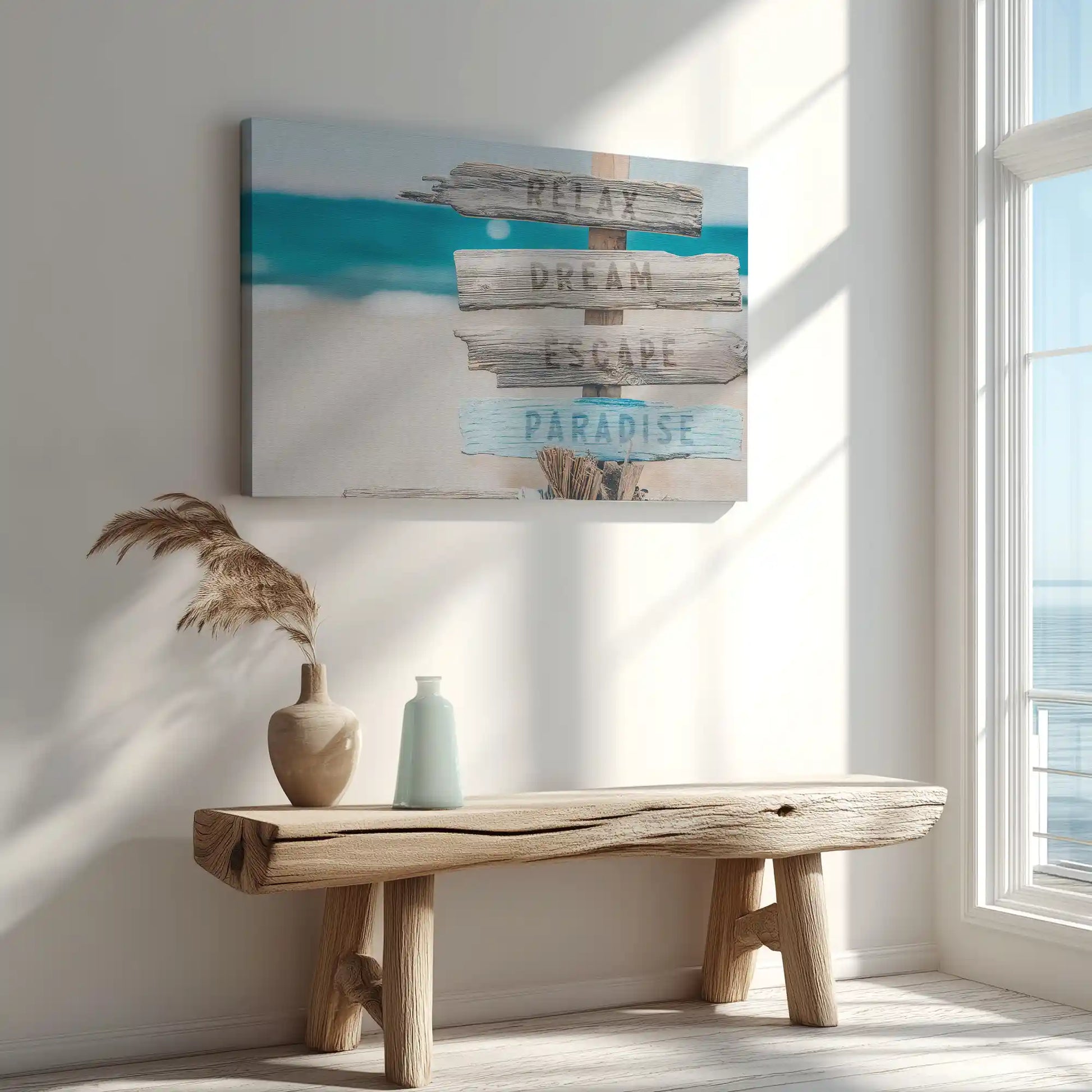 Beach sign painting captured in canvas art with nautical rustic style