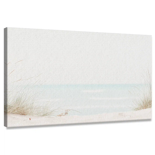 Coastal canvas wall art of soft dunes and sea grass overlooking turquoise ocean waters