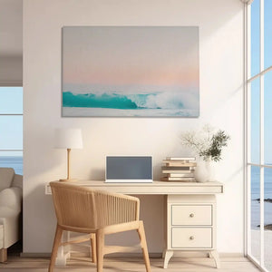 Rustic sea spray canvas print adding beach-inspired charm to home office