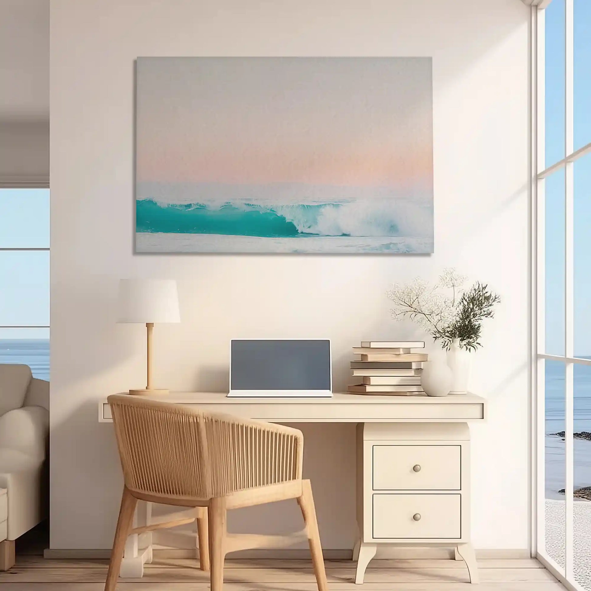 Rustic sea spray canvas print adding beach-inspired charm to home office