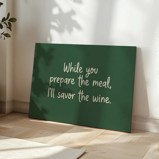 Minimalist canvas wall art with centered off-white handwritten text on a muted dark green background