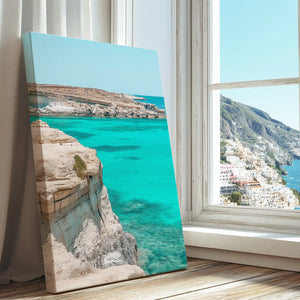 Cliffs over turquoise sea captured in a coastal canvas print with minimalist natural style