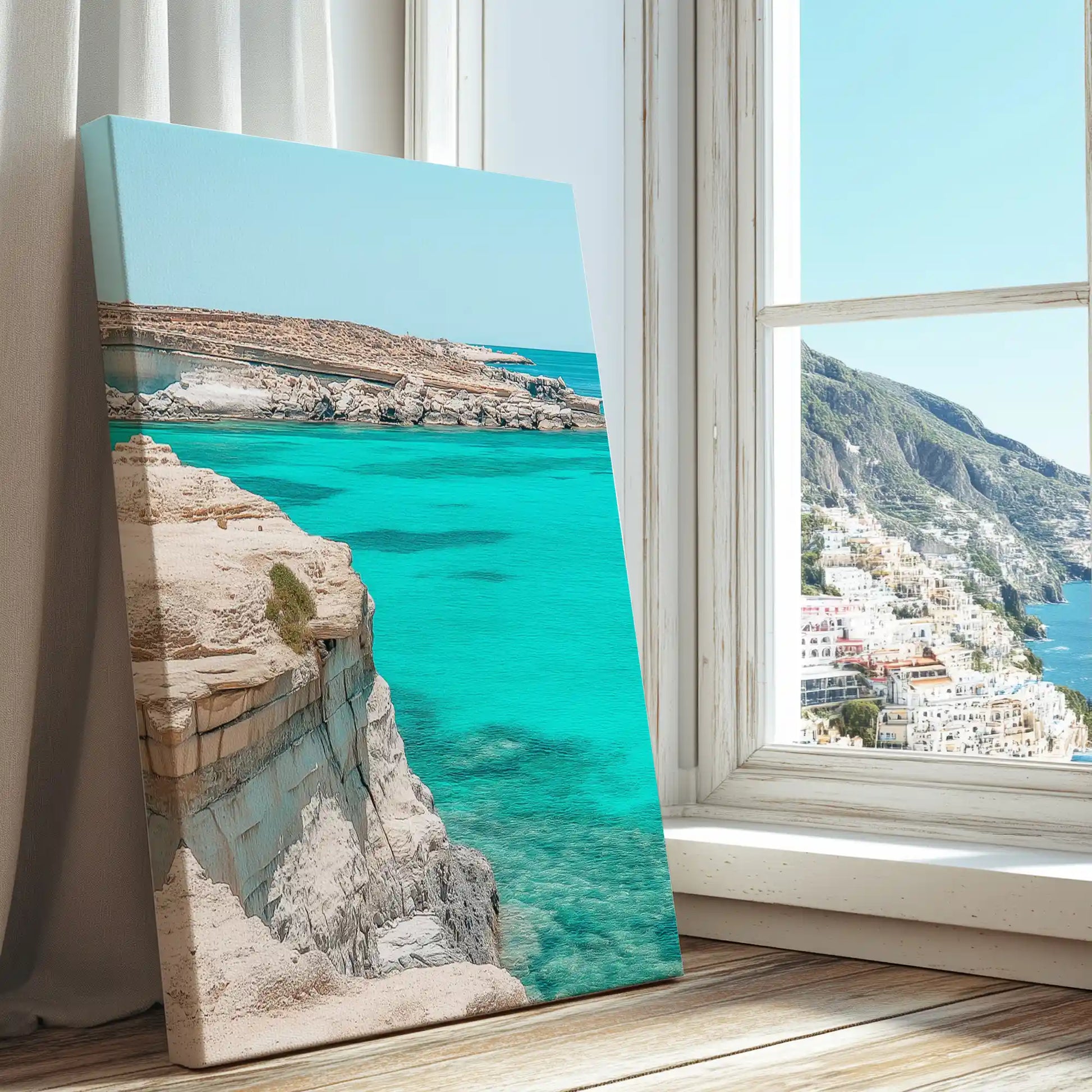 Cliffs over turquoise sea captured in a coastal canvas print with minimalist natural style