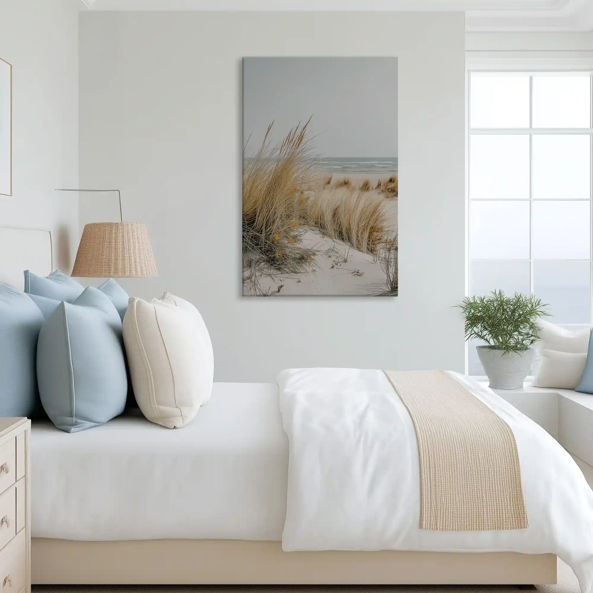 Tranquil coastal grass canvas art complementing modern neutral decor with earthy tones