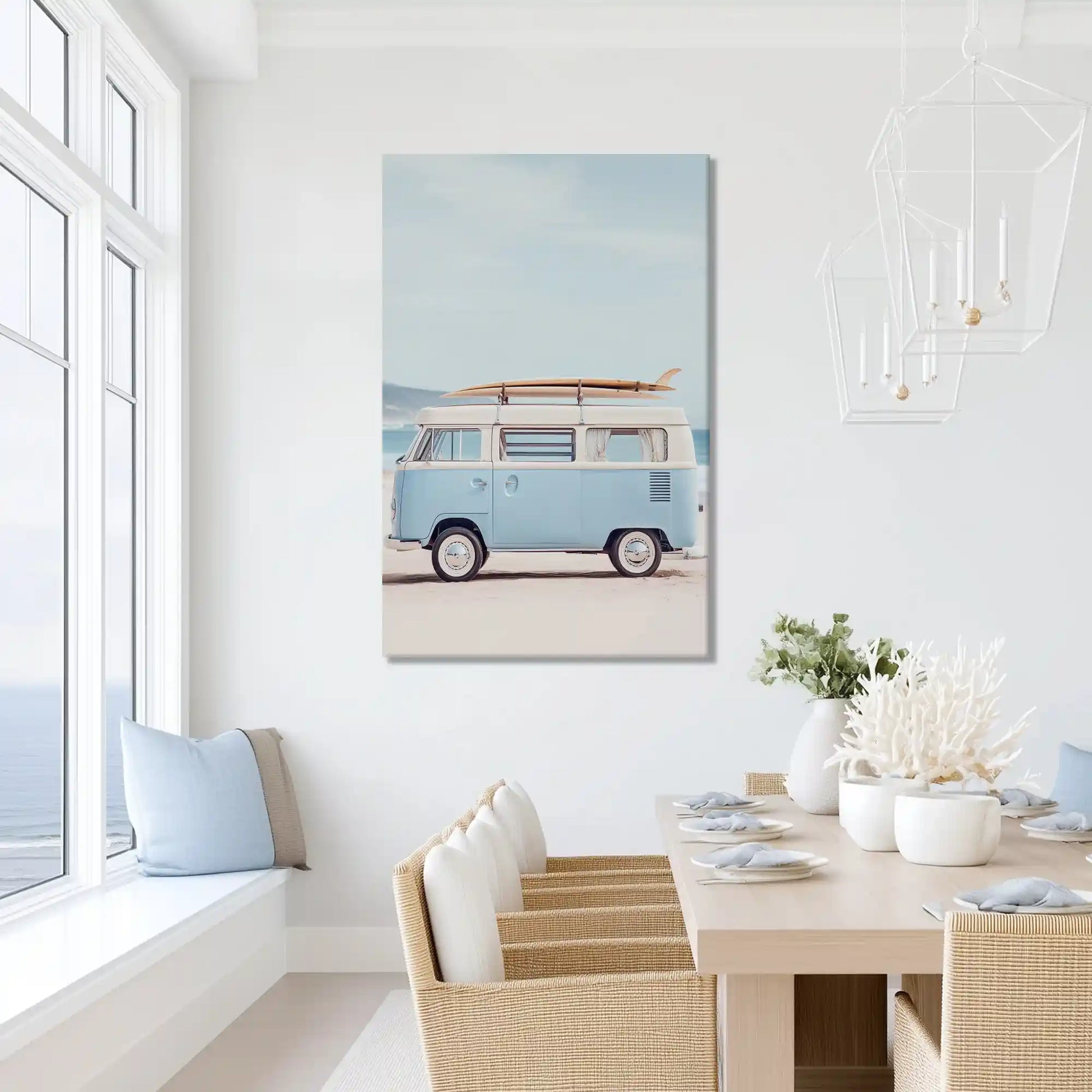 Peaceful retro van painting with surfboard, ideal for airy dining room or beach home spaces