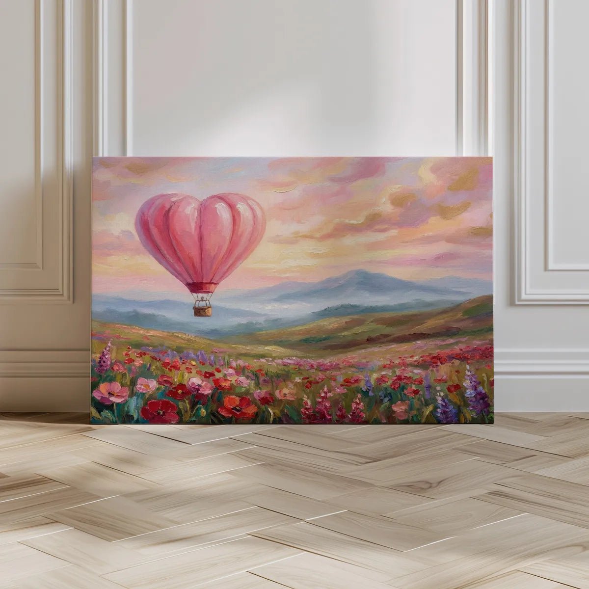 Romantic canvas artwork depicting a floating heart balloon over a vivid field of flowers and distant pastel-toned peaks.