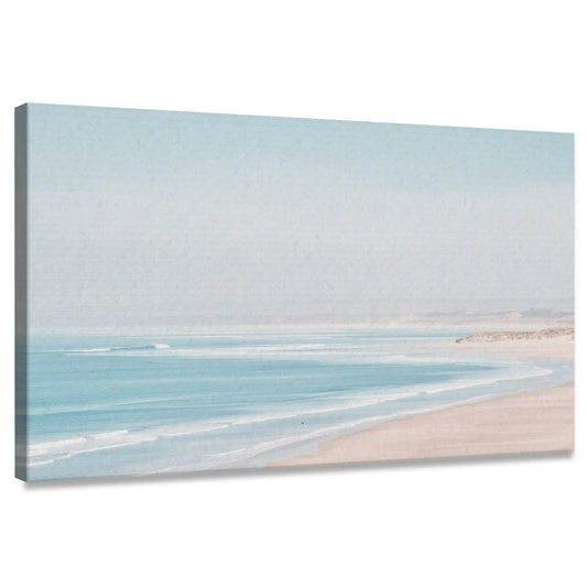 Minimalist coastal shoreline canvas wall art for living room with soft pastel tones