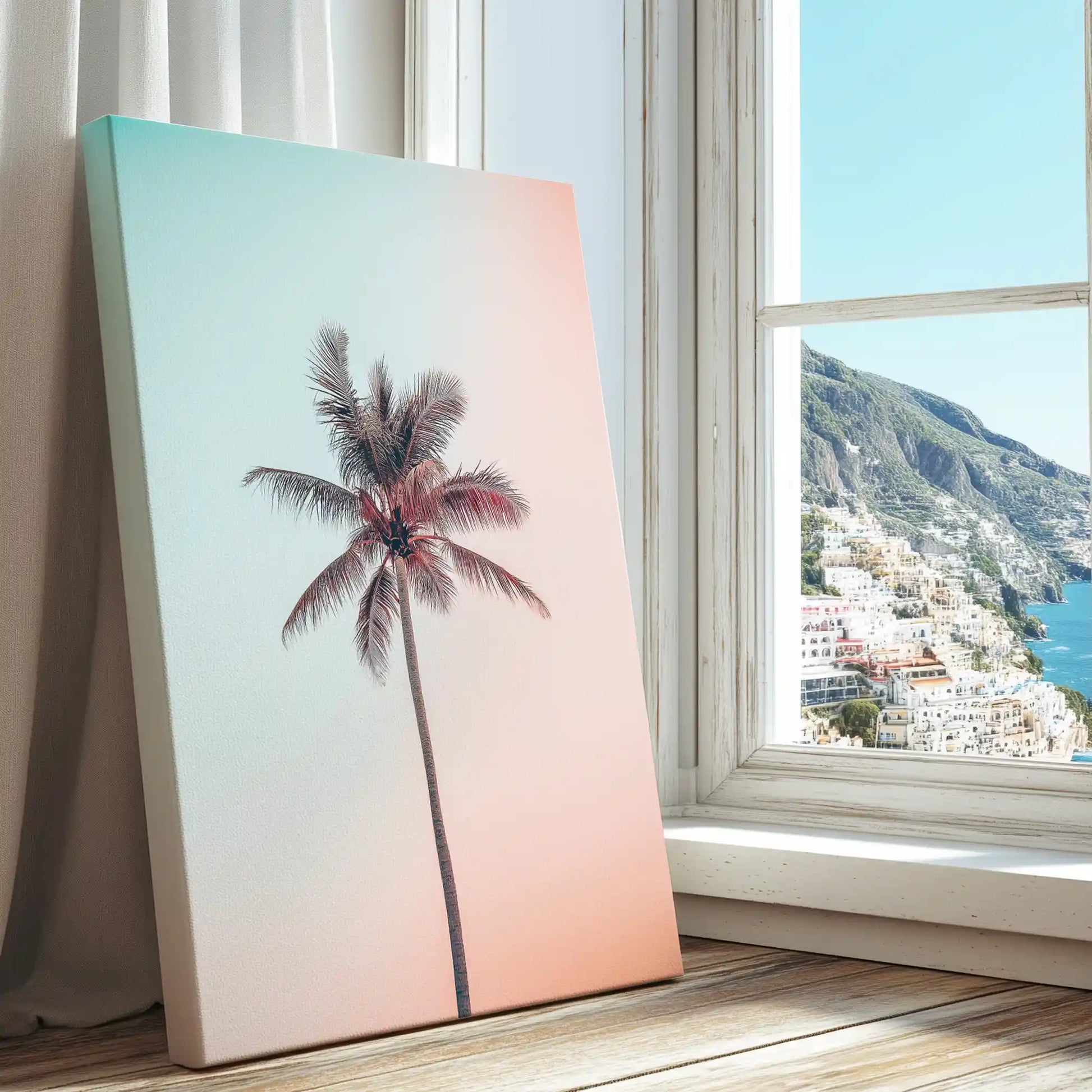 Single palm tree silhouette captured in a serene canvas print with minimalist style