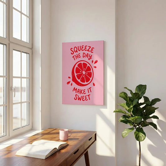Playful canvas wall art with a vibrant red citrus slice and uplifting text in a symmetrical pop art layout.