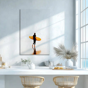 Minimalist surfer wall decor adding vibrant contrast to neutral dining room