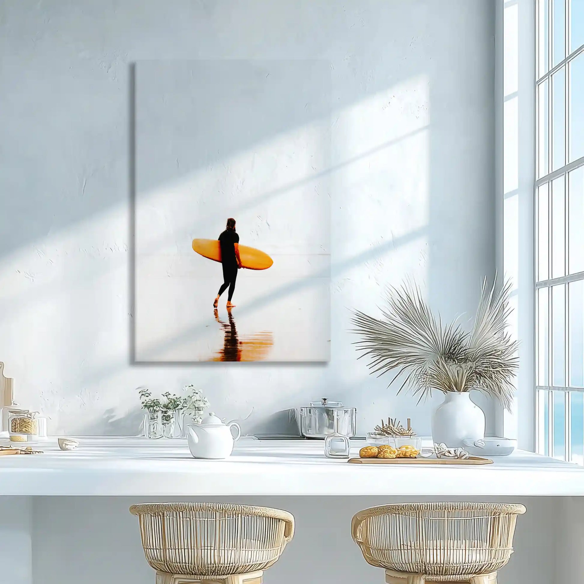 Minimalist surfer wall decor adding vibrant contrast to neutral dining room