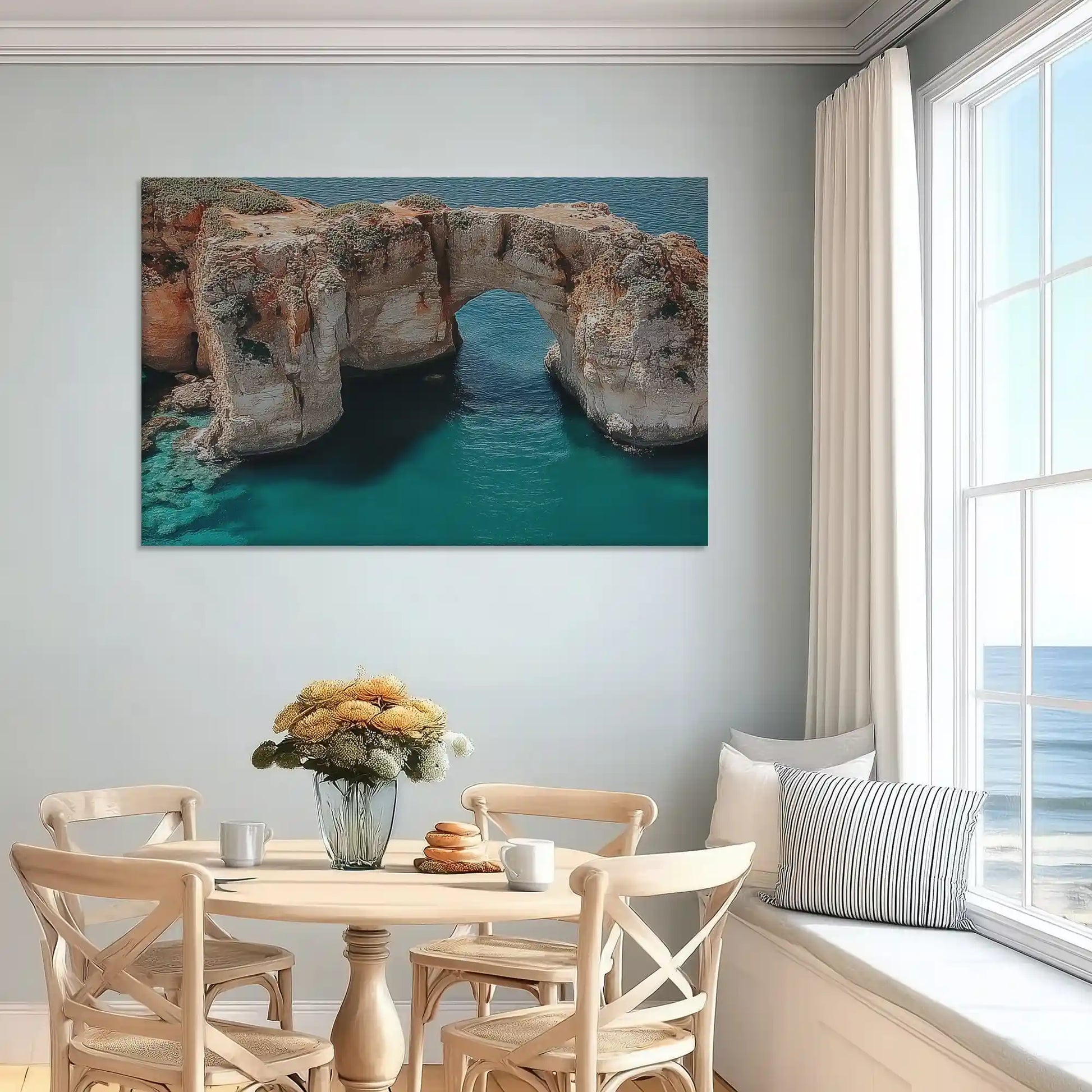 Contemporary seascape canvas wall art of ocean cliffs designed for coastal bedroom interiors