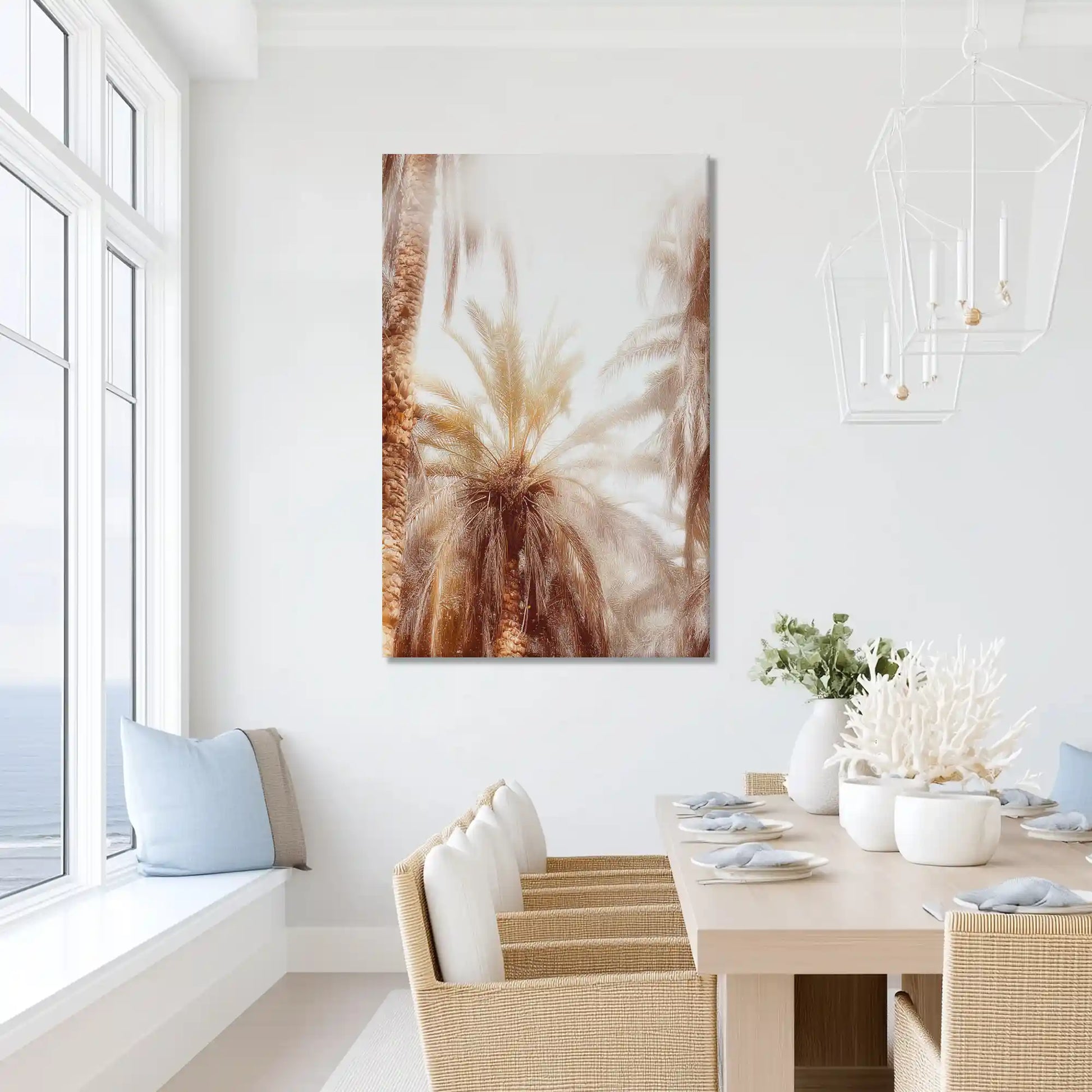 Peaceful tropical palm painting with artistic textures, ideal for minimalist dining room design