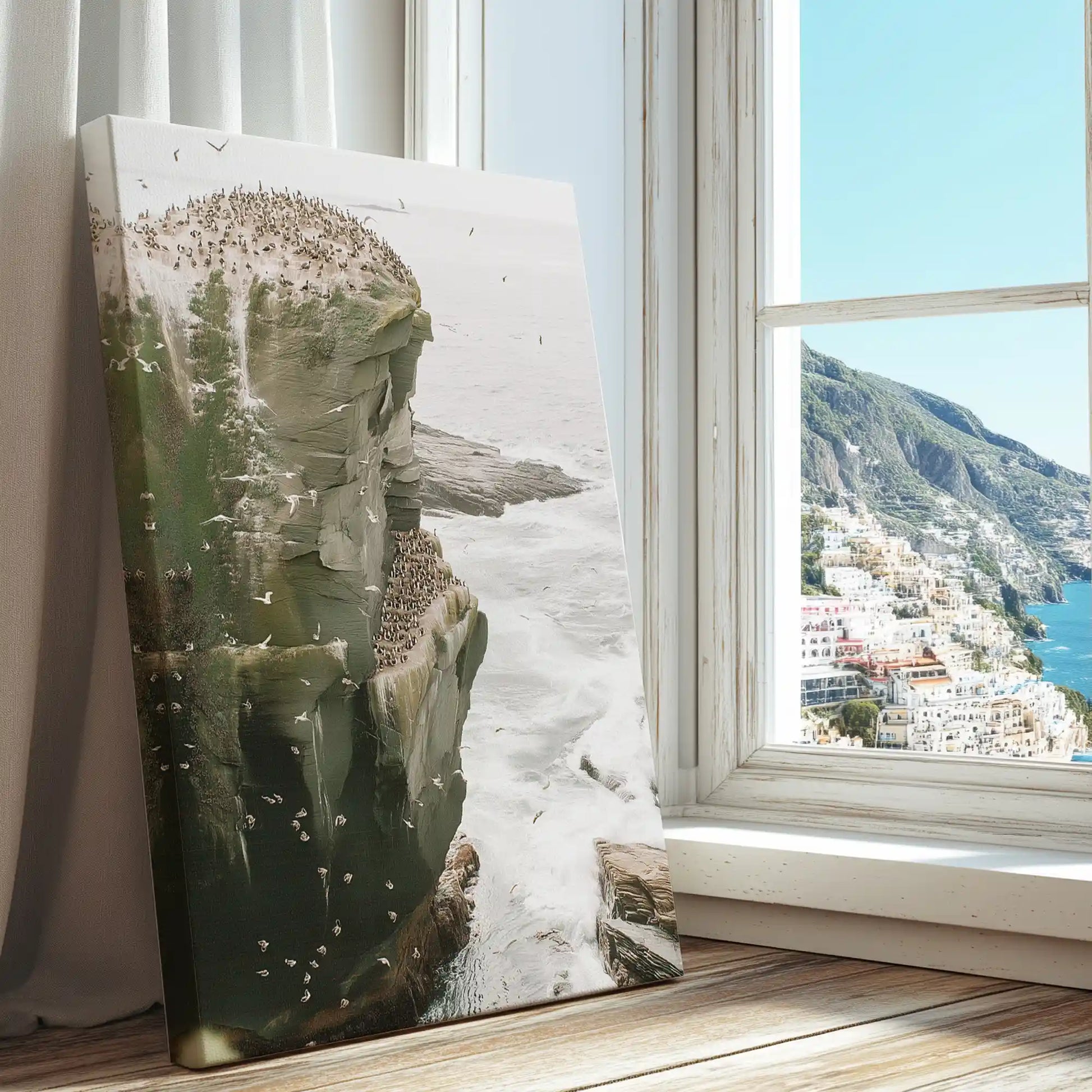 Seabird colony captured in canvas print with naturalistic style and striking vertical cliff view