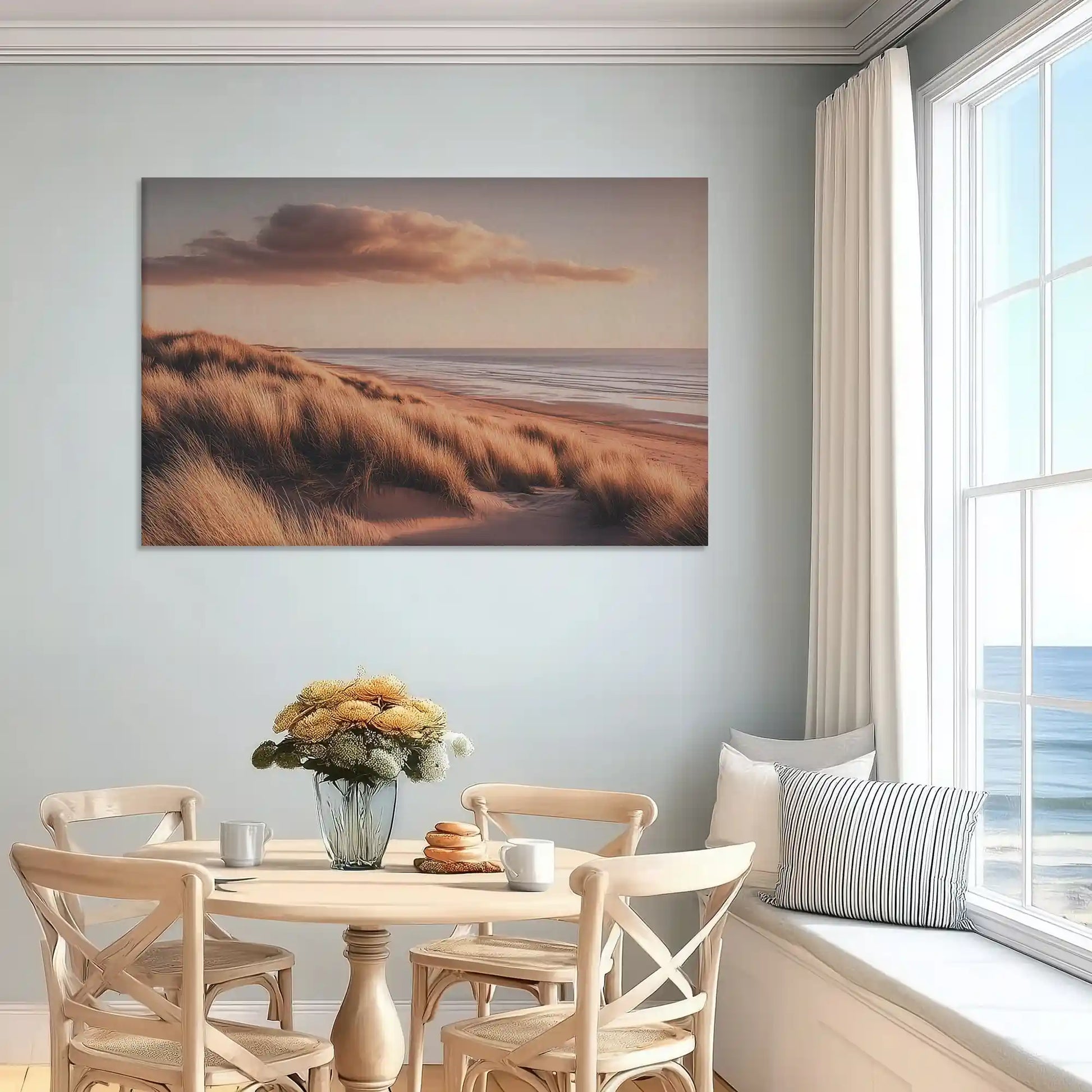 Neutral coastal dunes canvas art enhancing a light-filled bedroom wall setting