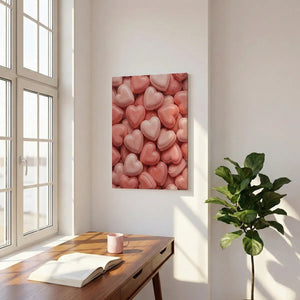 Playful canvas wall art showing a vibrant mix of red and pink hearts in a seamless, edge-to-edge composition.