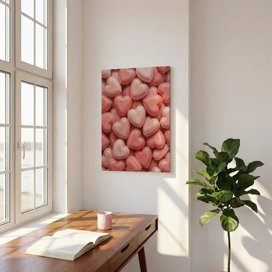 Playful canvas wall art showing a vibrant mix of red and pink hearts in a seamless, edge-to-edge composition.
